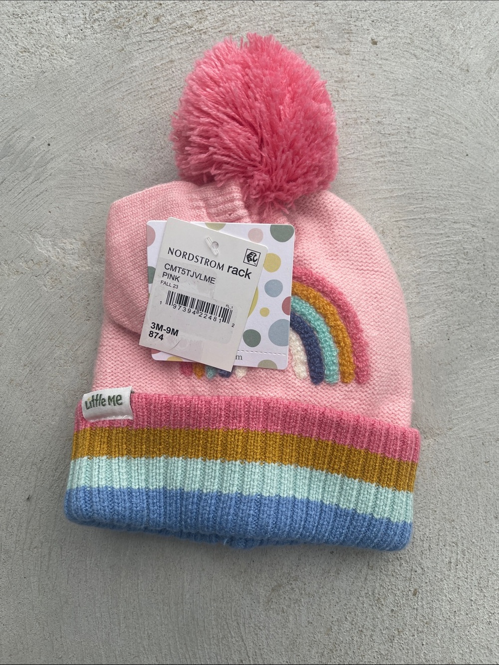 Little Me Baby Girl Pink Rainbow Pom Pom Beanie Hat 3-9M NWT